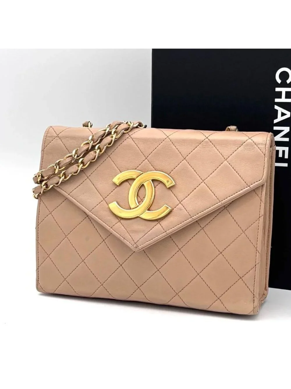 Chanel Quilted Jumbo CC Logo Flap Chain Shoulder Bag Beige